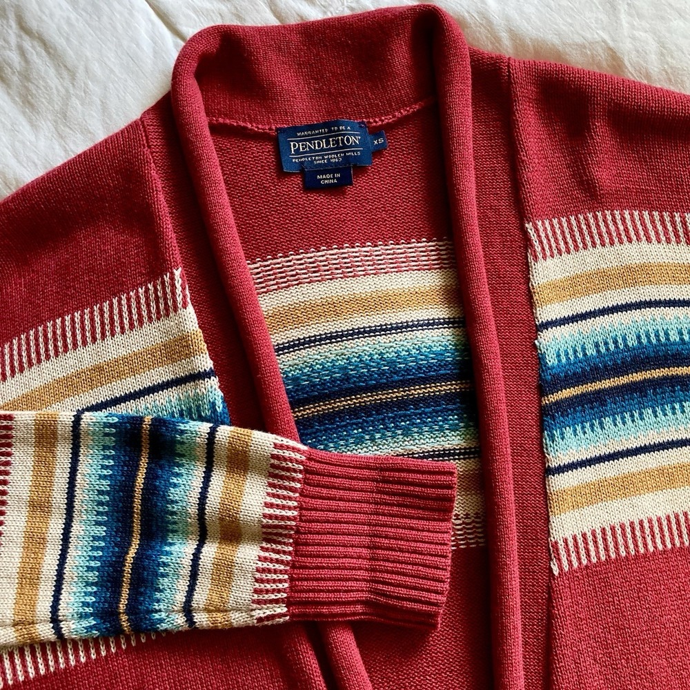 Pendleton Cotton Wool Open Front Cardigan Womens XS Red Stripe Southwestern EUC